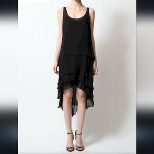 KARL LAGERFELD x H&M Black Silk Chiffon Tiered Asymmetrical Dress, Size 8.